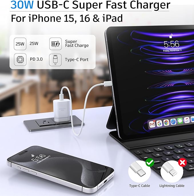 Phone 15 16 Charger, 30W Super Fast Charging, USB C Block Type C Cable Cord 6.6ft for iPhone iPhone 16,16 Plus,16 Pro,16 Pro Max, iPhone15, iPad Pro 12.9/11, Samsung Galaxy S24,S23-2Pack