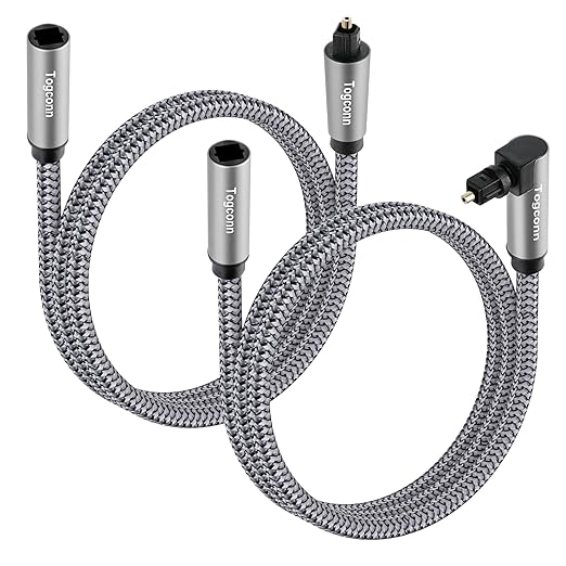 Optical Extension Fiber Digital Cable Adapter 2 Feet（2 Pack）, 90 Degree Right Angle & Straight Male to Female Coupler, Toslink Audio Cable, Nylon Braided for Home Theater, Soundbar, TV and More