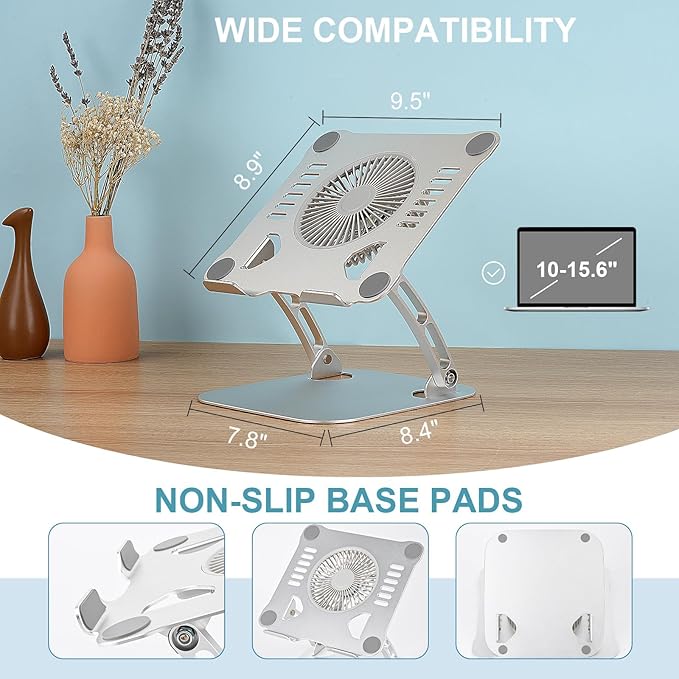 SHUWEI Laptop Cooling Stand with 3 Speed Fan, Adjustable Height Laptop Stand for Desk, Ergonimic Aluminum Laptop Cooling Pad for 10-15'' Notebook - Black