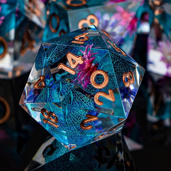 ARUOHHA DND Resin Dice Translucent Sharp Edged Dragons Dice Set, 7pcs Flower Leaf Polyhedral Dungeons D and D Dice RPG Role Playing Game D20 D12 D10 D8 D6 D4