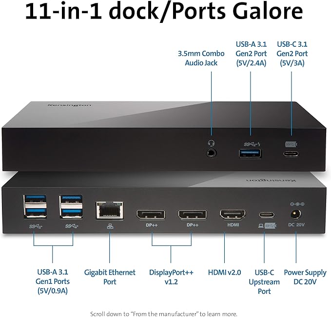 Kensington SD4820P USB-C Docking Station for Dell, HP, Lenovo, Surface, PixelBook, Pixel Slate- Dual 4K Video, 60W PD (K38042US)