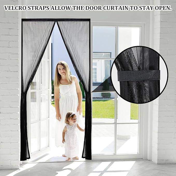 Magnetic Screen Door - Self Sealing, Heavy Duty, Hands Free Mesh Partition Keeps Bugs Out Let Breeze in- Pet and Kid Friendly - Keep Open Feature (Black, Fit Door Size 32 x 80 Inch)