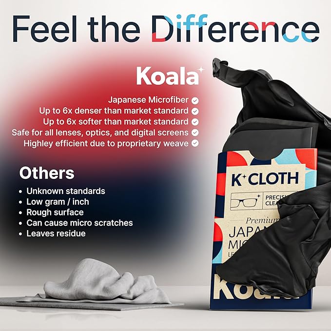 Koala Lens Cleaning Cloth | Japanese Microfiber | Glasses Cleaning Cloths | Eyeglass Lens Cleaner | Eyeglasses, Camera, VR/AR Headset, and Screen Cleaner | Black & Green (Pack of 6)