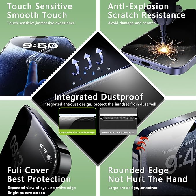 2 Pack Privacy Screen Protector for iPhone 16 Pro 6.3-Inch Auto Dust Removal, No Bubbles,Anti-Spy Tempered Glass Film, Easy Installation