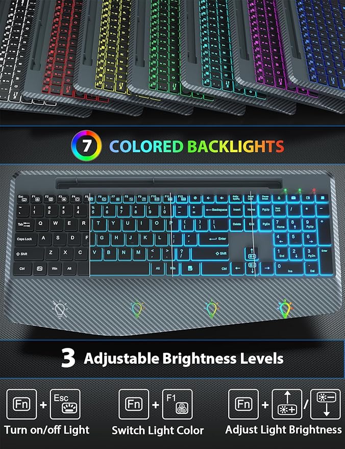 Wireless Keyboard and Mouse Backlits, Wrist Rest, Jiggler Mouse, Rechargeable Ergonomic Keyboard with Phone Holder, Silent Light Up Combo for Computer, Mac, PC, Laptop, Chromebook (Bright Gray)