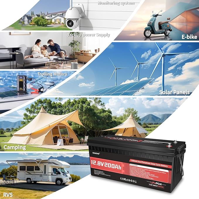 2 pack Dumfume 12V 200Ah LiFePO4 Lithium Battery,2560Wh Energy,1280W Load,200A BMS & 95% Discharge Efficiency,15000+ Cycles for Solar RV Marine Trolling Motor Home Backup