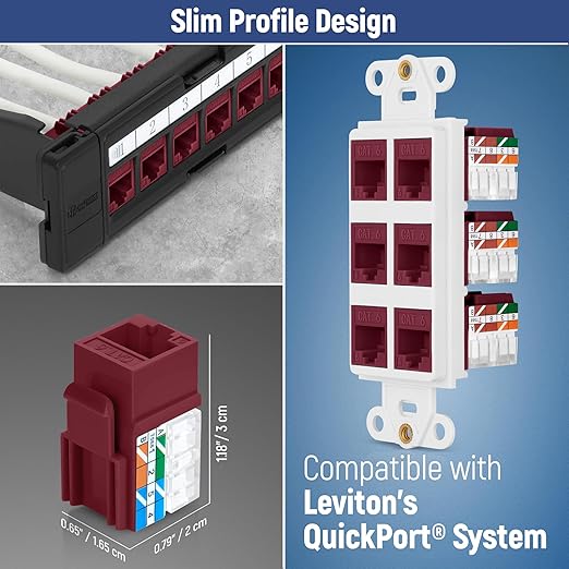 Everest 90° Angled RJ45 Cat6 Keystone Jacks 50-Pack in Red - Slim Profile Female RJ45 Connectors - Cat 6 Keystone Jack - Compatible with 90° Angled Speed Termination Tool - easyJACK (B094WB91H3)