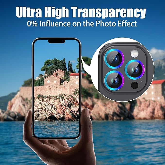 AGVEE 3+3 Camera Lens Protector for iPhone 15 Pro 6.1" / 15 Pro Max 6.7", Brushed Metal Ring 9H Tempered HD Glass Camera Protector Cover Film, Black