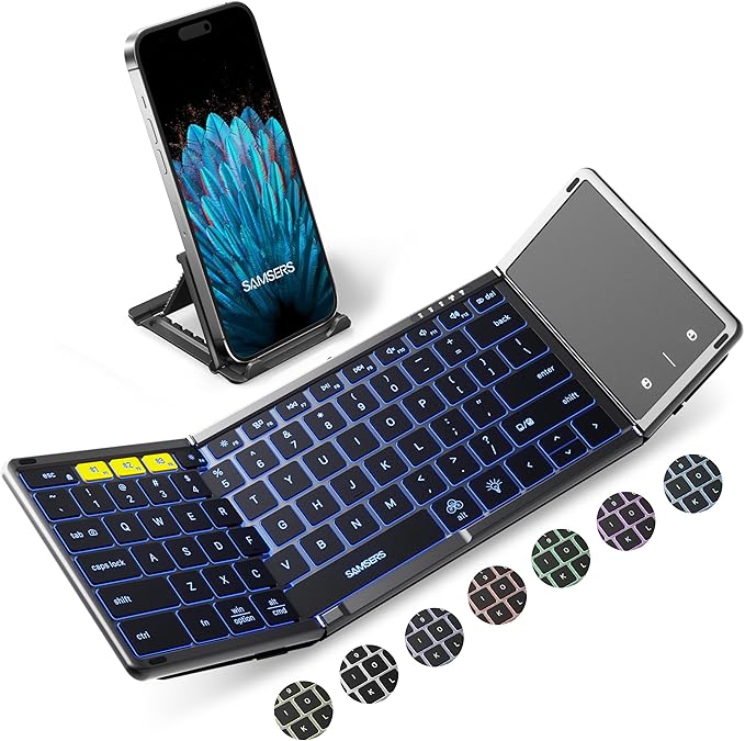 Samsers Foldable Bluetooth Keyboard with Touchpad, Full-Size Wireless Folding Keyboard with Backlight, Portable Travel Keyboards for iOS Android Windows Mac OS, Support 3 Device(BT5.1 x 3), Gray