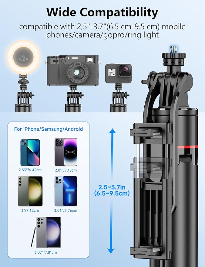 70'' Automatic Tripod, Extendable Selfie Stick Phone with Magnetic Remote & 1/4" Screw Camera Tripod Lightweight Travel Tripod for Cell Phone Compatible with iPhone 16/15/14/13/12/Android