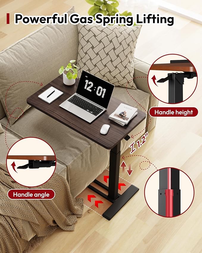 SANODESK Medical Adjustable Overbed Bedside Table with Casters 90° Tilt Top Pneumatic Mobile Rolling Laptop Computer Standing Desk Cart with Tray, Hospital and Home Use(27.6" W x 15.7" D,Rustic Brown)