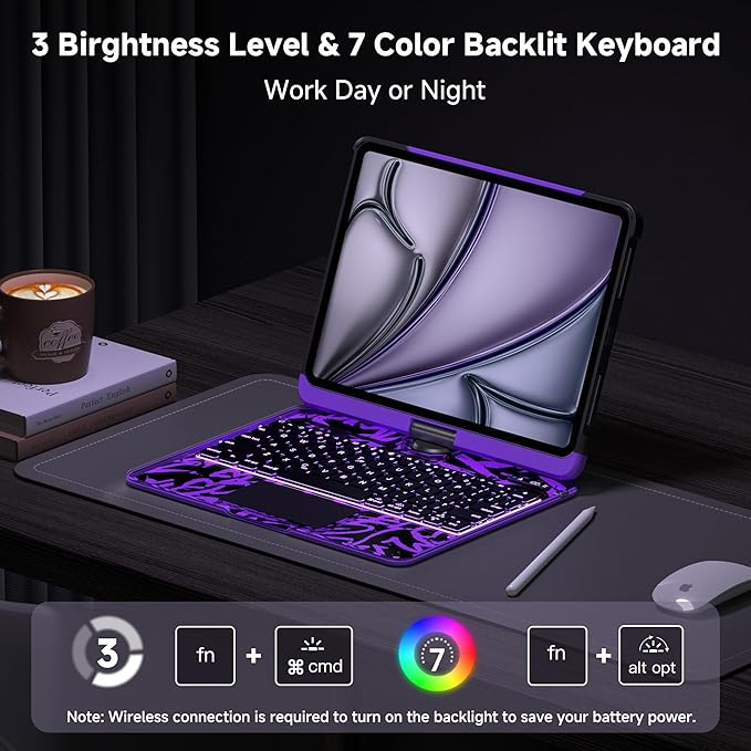 iPad Keyboard Case for 2024 M4 iPad Pro 13 inch, Magic Wireless Keyboard with Trackpad 7 Color Backlit, 360° Rotating Stand Transparent Protective Cover with Pencil Holder (Purple)