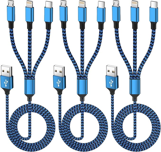 Multi Charging Cable(3Pack 4FT), 3 in 1 Charging Cable for Multiple Devices, USB-A Multi Charger Cord with Type-C, Micro USB and IP Port for iPhone 16/15/14/13/iPad/Android/Tablets and More