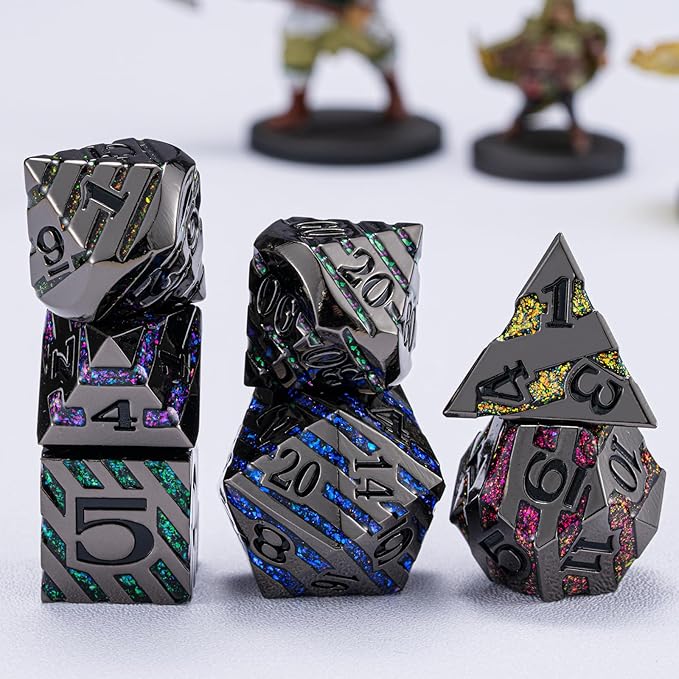Metallic Glitter Stripes D&D Dice Set,7 PCS Polyhedral Dice Set with Gift Metal Box for Dungeons and Dragons,DND Metal Dice for Tabletop Game (Black Nickel Seven Colors)