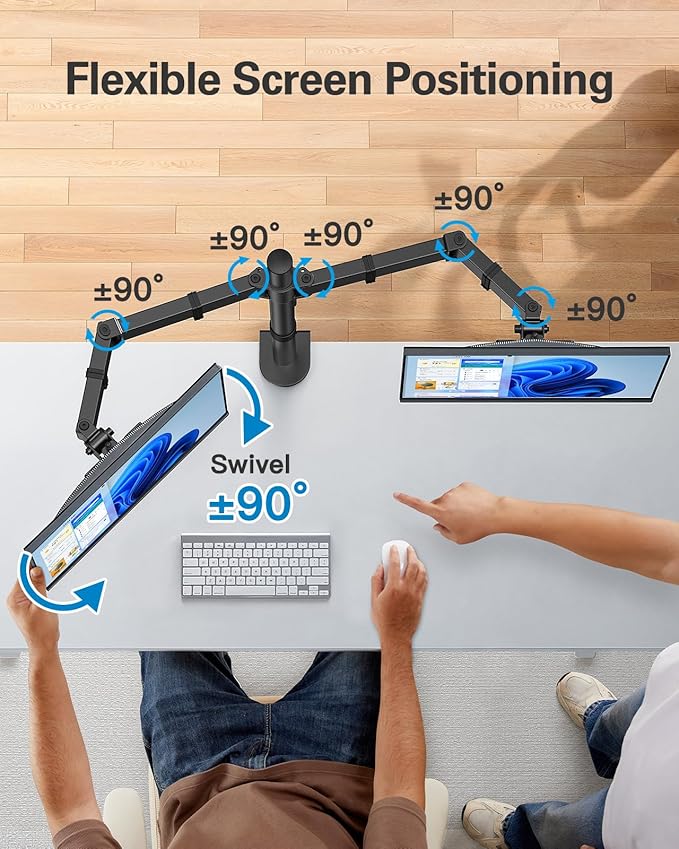 HUANUO Dual Monitor Desk Mount, Heavy-Duty Steel Adjustable Arm for 13-32 Inch Screens, Tilt, Swivel, Rotate, C-Clamp & Grommet Base, Holds up to 17.6 lbs per Arm, VESA 75/100mm