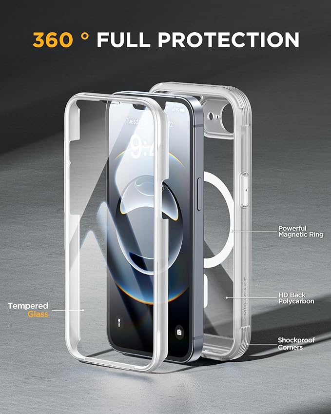 Miracase Magnetic for iPhone 16e Case Full-Body Phone with Built-in Glass Screen Protector, [Compatible with MagSafe] Military Drop Proof 16E Cover Bumper 6.1 inch, Matte Clear