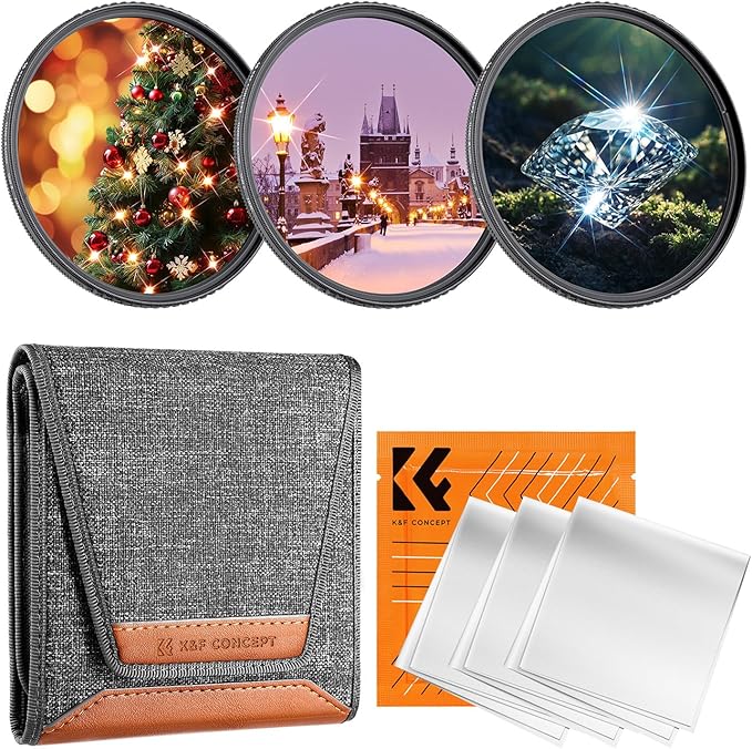 K&F CONCEPT 77mm Star Filters Kit (3 PCS) 4 Points 6 Points 8 Points Cross Screen Starburst Filters Set -18 Layer Coating Ultra Slim Optical Glass Camera Lens Filter with 3 Cleaning Cloth