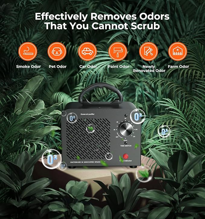 Ozone Generator 48,000mg, Commercial Ozone Machine Odor Removal, High Capacity O3 Ionizer Air Purifier Deodorizer, Portable Mini for Car, Home, Smoke, Pets, Industrial, for 4000 Square Feet -Black