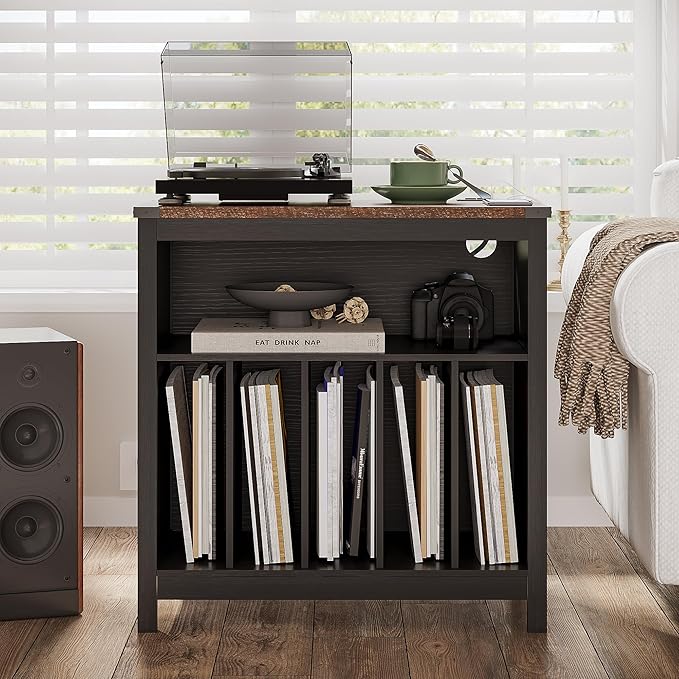 ChooChoo Large Record Player Stand with Charging Station & LED Light, Vinyl Record Holder hold up to 300 Albums, Farmhouse End Table for Bedroom, Living Room, Black