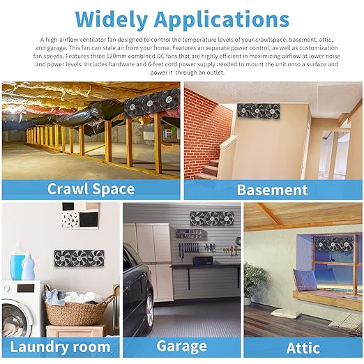 3X 120mm Computer Fan with AC Plug, AC 110V 120V 220V 240V Cabinet Cooling Fan with Speed Controller, Cooling for Windows, Plant Cabinet, Crawl Space, Basement, Laundry Room, Garage, Attic