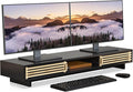 Dual Monitor Stand Riser with Sliding Door, Double Computer Laptop Stand Desk Shelf Organizer with Storage (Black + Natural Bamboo, 38 Inch)