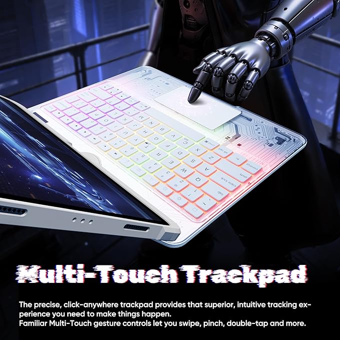 KITONE Transparent Case with Wireless Keyboard for iPad 11th Gen 11-in.(A16, 2025), 2022 iPad 10th Gen 10.9-in, 7 Colors Backlight, Trackpad, 360°Rotating Stand, Tech Style