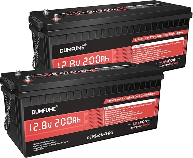2 pack Dumfume 12V 200Ah LiFePO4 Lithium Battery,2560Wh Energy,1280W Load,200A BMS & 95% Discharge Efficiency,15000+ Cycles for Solar RV Marine Trolling Motor Home Backup