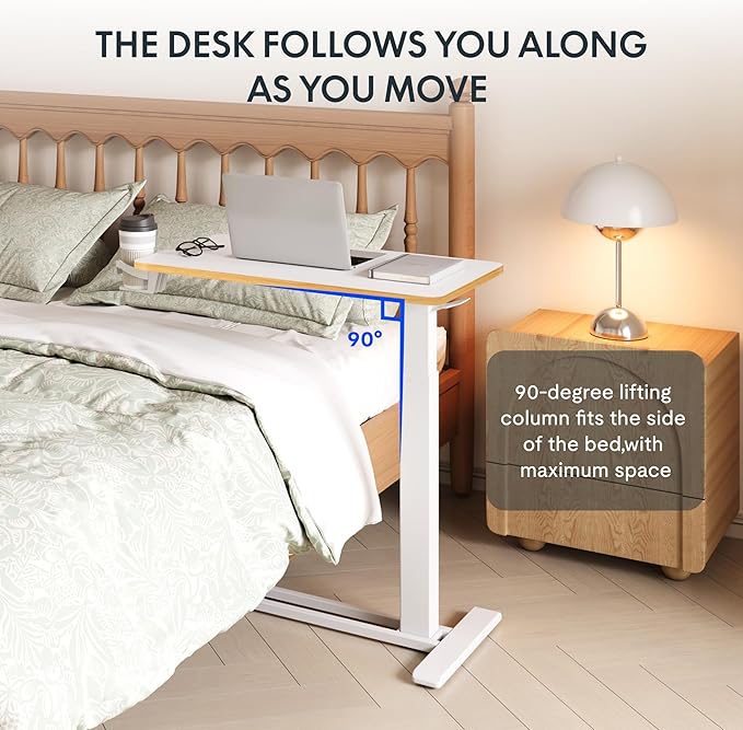 FLEXISPOT Mobile Standing Desk with Wheels Pneumatic Laptop Desk Rolling Computer Cart Movable Height Adjustable Small Sit Stand Desk Computer Workstations Home Use（27.6" W x 15.7" D,White+Maple