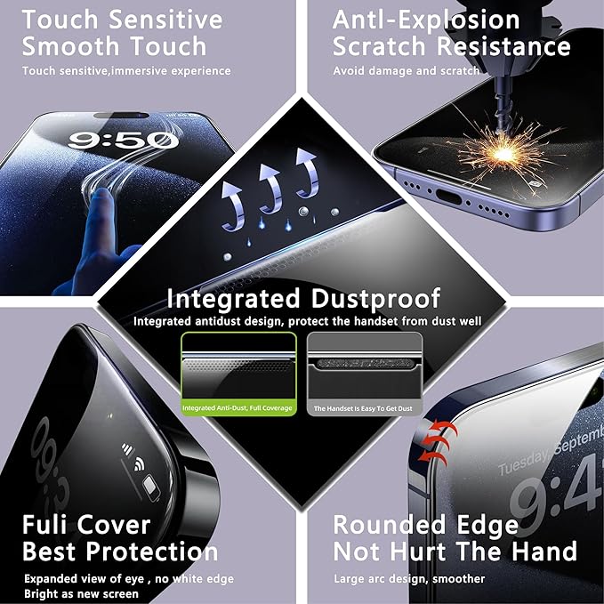 2 Pack Screen Protector for iPhone 15 Pro, 9H Tempered Glass, Full Coverage, Anti-Fingerprint, Auto Dust-Elimination, No Bubble, Easy Installation