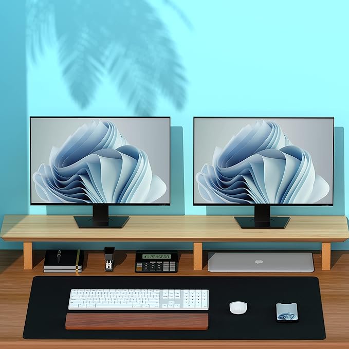 Aothia Large Dual Monitor Stand Riser, Solid Wood Desk Shelf with Eco Cork Legs for Laptop Computer/TV/PC/Printers, Perfect Desktop Stands Organizer with Underneath Storage for Office Accessories