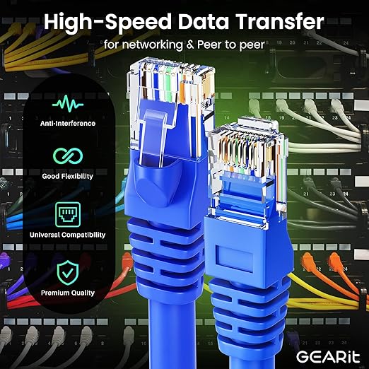 GearIT Cat 6 Ethernet Cable Pack - 10-Pack 5 ft Cat6 Ethernet Patch Cables | RJ45 Network Patch Cable, 10 Gbps Snagless Gold-Plated Connectors - Ethernet Cable Cat 6 for PC, TV, Router - Blue