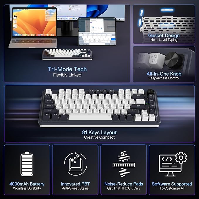 Redragon K673 PRO 75% Wireless Gasket RGB Gaming Keyboard, 3-Modes 81 Keys Compact Mechanical Keyboard Hot-Swap Socket, Dedicated Knob Control and Sound Absorbing Pads, Linear Red Switch