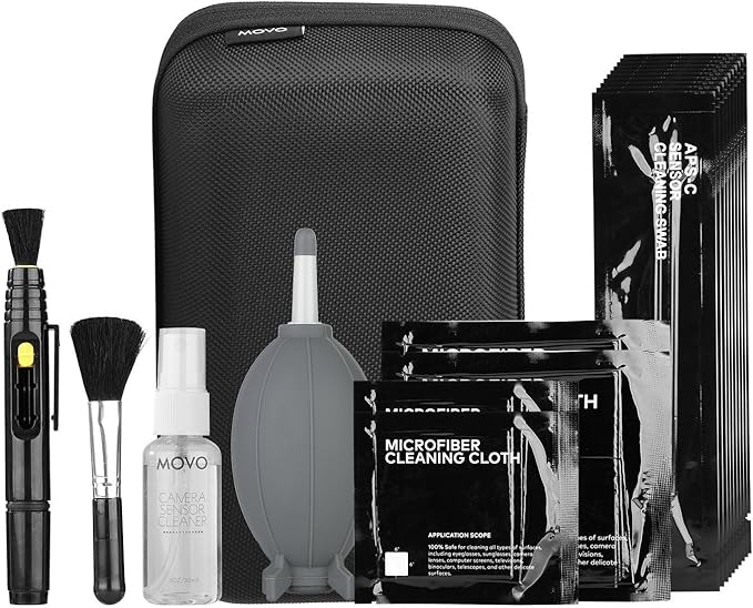 Movo Deluxe Essentials DSLR Camera Cleaning Kit with 10 APS-C Cleaning Swabs, Sensor Cleaning Fluid, Rocket Air Blower, Lens Pen, Soft Brush, 2X Small and 2X Large Microfiber Cloths and Carrying Case