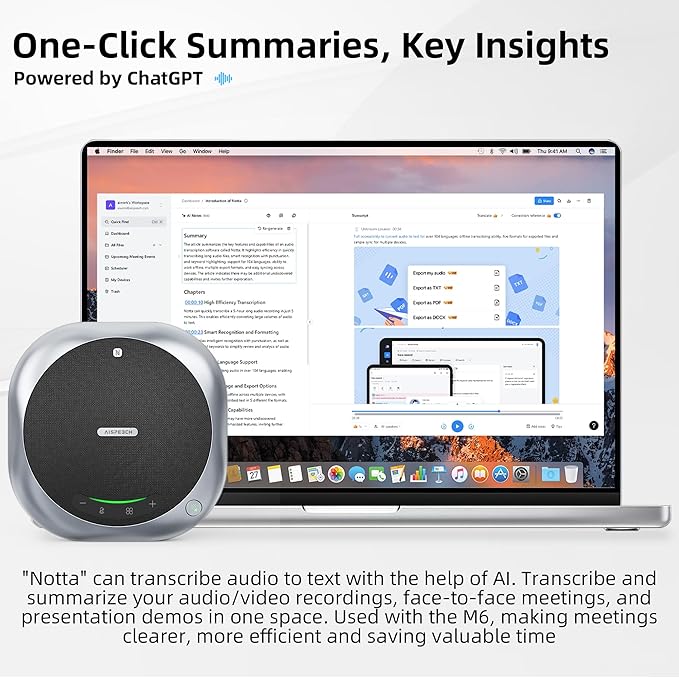 Bluetooth Conference Speakerphone M6 Conference Microphone with AI Noise Reduction AI Transcription Full-Duplex 360° Omnidirectional Voice Pickup USB Speaker for Teams Zoom Home Office, Black