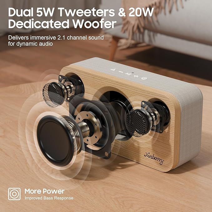 Portable Bluetooth Speaker with Deep Bass, 40W(Peak),Bluetooth 5.3,15-Hour Playtime, AUX, TF Card, 2 Way Stereo Sound Wood Home Audio for Indoor, Party, Outdoor, Camping
