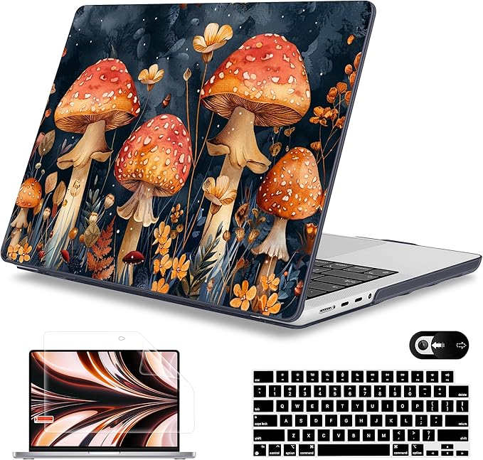 Mektron Case for MacBook Pro 16" M4 A3403 A3186 M3 A2991 M2 A2780 M1 A2485 (2021/2023/2024) Pro/Max with Touch ID, Hard Shell Plastic Laptop Cover Keyboard Cover Screen Protector, Mushrooms