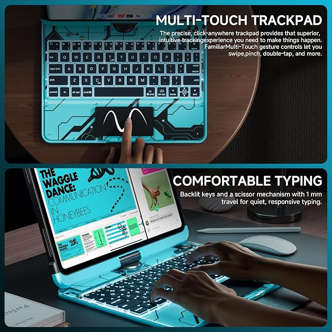 Transparent Case with Keyboard iPad Air (M3/M2,2025/2024) 11 Inch,Compatible 10.9" iPad Air 5th/4th & 11" iPad Pro 4/3/2/1,7-Color Backlit,Wireless Keyboard, 360°Rotating,with trackpad,Blue