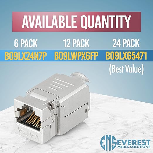 Everest Media Solutions RJ45 Shielded Keystone Jack - 24-Pack - Slim Profile, 90 Degrees, F/STP Female Connector - Tested for CAT5e, CAT6, CAT6A, CAT7 - up to 10GB Speed