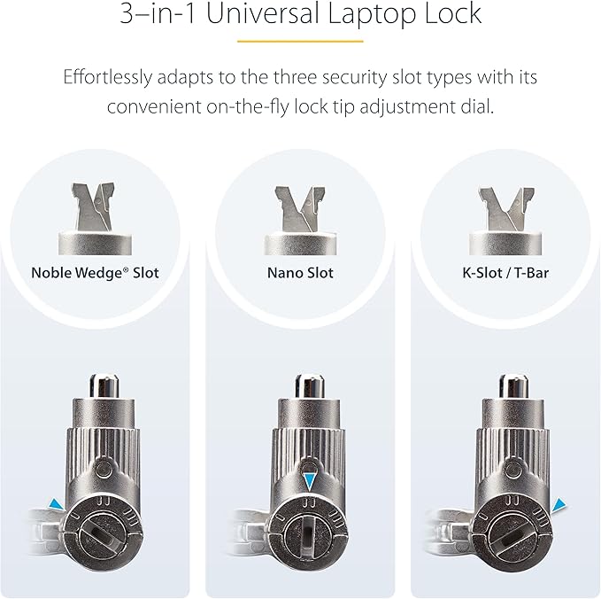 StarTech.com Universal Laptop Lock 6.6ft (2m), Security Cable for Notebooks Compatible with Noble Wedge/Nano/K-Slot, Keyed Locking Cable, Cut-Resistant Carbon Steel Cable, TAA (UNIVK-Laptop-Lock)