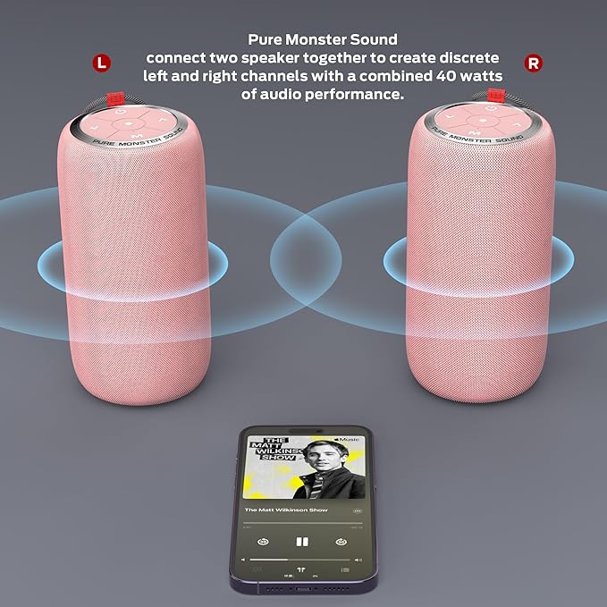 Monster S310 Upgraded Bluetooth Speaker, Portable Speaker, 30W True Wireless Stereo Pairing Deliver Dynamic Sound, IPX6 Waterproof, Bluetooth 5.2 Built-in Mic, 24H, for Family Outdoor Pink