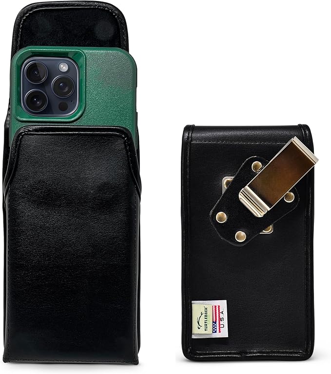 Turtleback Belt Clip for iPhone 16 Pro Max, 15 Pro Max, 14 Pro Max -Medium- Fits w/Shockproof Commuter Style Cases, Premium Black Leather Vertical Belt Holder, Magnetic Closure HD Rotating Clip