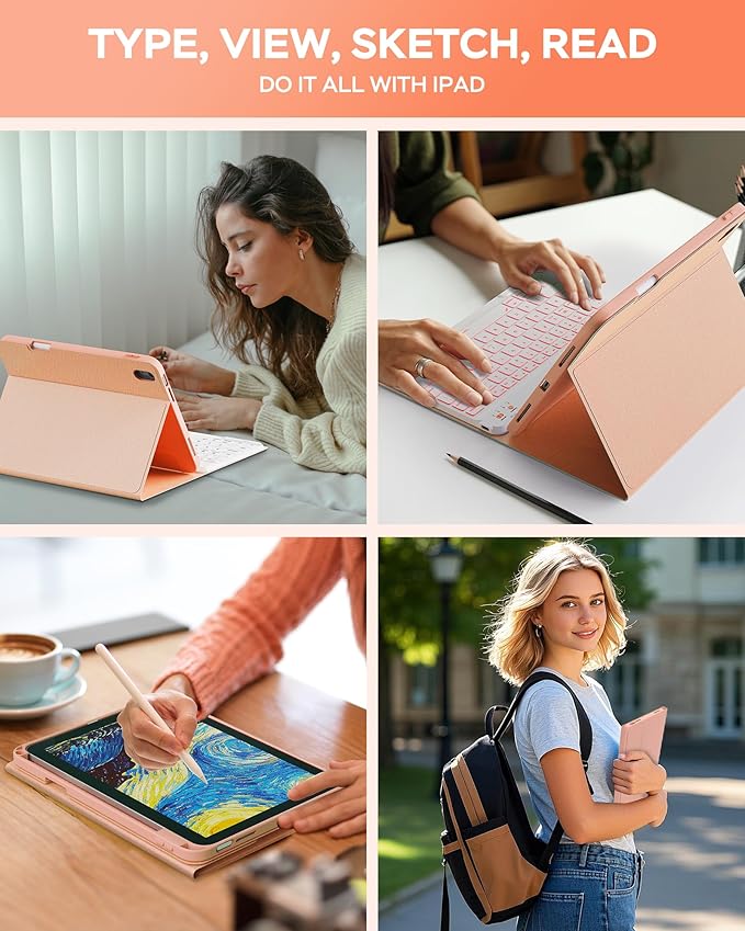 Folio Keyboard Case for iPad 10th Gen 10.9 inch (2022) and iPad 11th (A16, 2025), Magnetic Wireless Detachable Keyboard, 7-Color Backlight, Thin & Light, Pencil Holder (Pink)