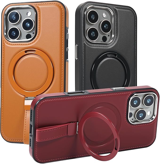 Leather Case, Suitable for iPhone 16 Pro Max Case, Invisible Magnetic Design, Equipped with a Lanyard and Foldable Stand, Black, Yellow and red (Black, iPhone 16 Pro Max)