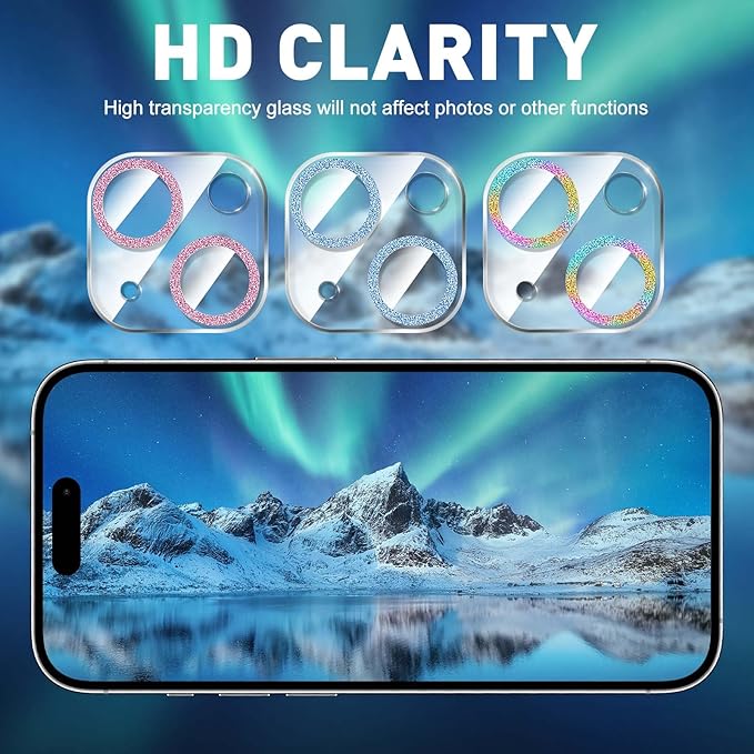 LucBuy 3PCS Sparkling Camera Lens Protector for iPhone 12/iPhone 12 Mini, Full Clear Acrylic Cover with Shiny Colorful Glitter Designed Decoration Back Camera Protector