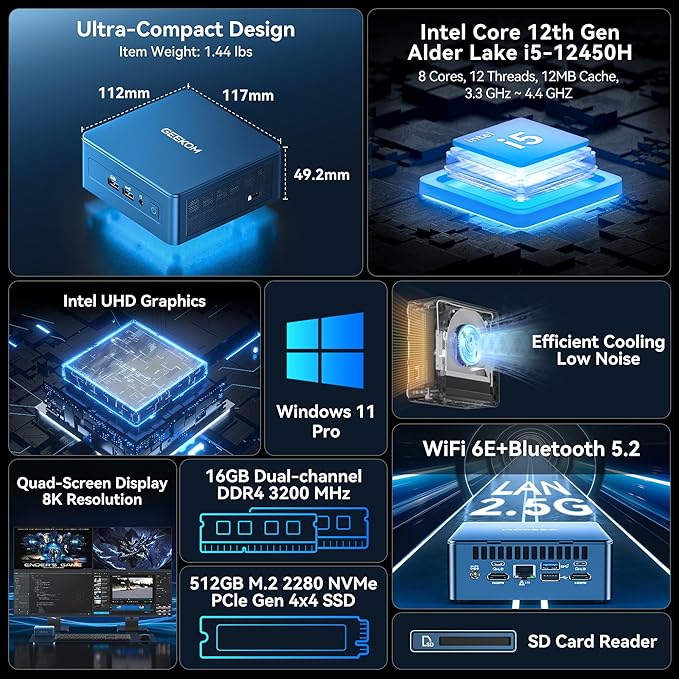GEEKOM Mini PC IT12(3-Year Quality Support),with 12th Gen Intel i5-12450H Mini Computers,16GB RAM/512GB NVMe PCIe Gen 4 SSD Windows 11 Pro Desktop PC,USB 4.0/2.5G LAN/8K,for Business|Office|Home