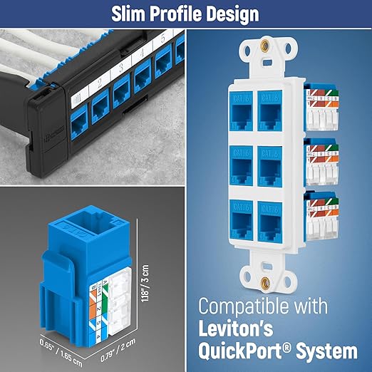 Everest 90° Angled RJ45 Cat6A Keystone Jacks 50-Pack in Blue - Slim Profile Female RJ45 Connectors - Cat 6A Keystone Jack - Compatible with 90° Angled Speed Termination Tool - easyJACK (B094WB91H3)