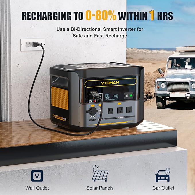 VTOMAN FlashSpeed 1000 Portable Power Station, 828Wh LiFePO4 Battery Solar Generator with Expandable Capacity 2376Wh, 1H Fast Charging(0-80%), 2000W Peak for Home Backup, Camping, Power Outages