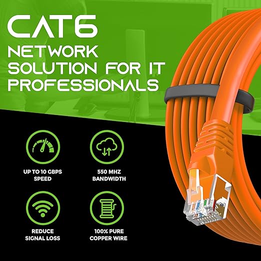 GearIT Cat 6 Ethernet Cable (24-Pack 6 Feet) Cat6 Network Patch, 10Gbps, RJ45, Snagless Cord, Gold-Plated Connectors, Internet for PC, TV, Tablet, Router, Printer, Servers, IT Data Center - Orange