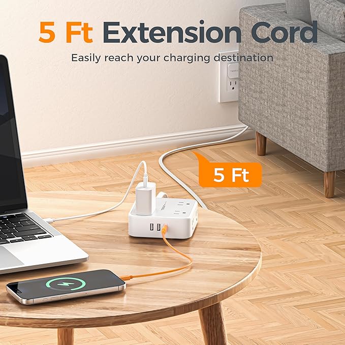 TESSAN Surge Protector Power Strip, 5 Ft Flat Plug Extension Cord with 3 USB (1 USB C) 8 Outlets, 1250W, 900J Protection, 3 Sided Outlet Extender with Power Switch for Office, Dorm Room Essentials