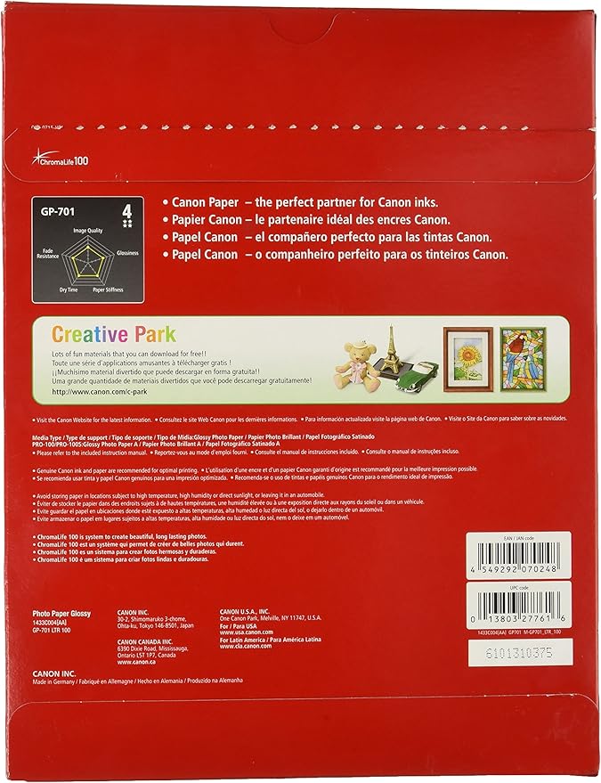 Canon PG-243/ CL-244 Ink Multi Pack, Compatible to TR4520, MX492, MG2520, MG2922, TS302 and TS202 & nk Glossy Photo Paper 8.5" x 11" 100 Sheets (1433C004)